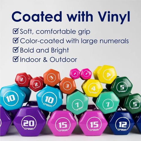 Colorful stack of vinyl coated hex dumbbells with various weights, similar to Pair Of 1Lb Thick Vinyl Coated Hex Dumbbell Hand Weights.