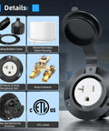 Heavy Duty 15A 20A Flanged Outlet NEMA 5-20 Female Receptacle With Weather Cover For Shore Power RVs Truck Bed Block Heater Indoor Outdoor Use ETL Listed, black flanged outlet