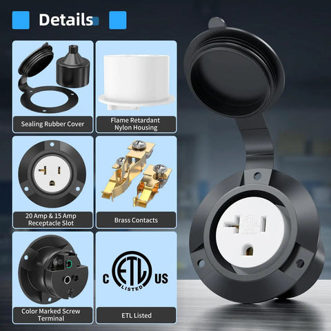 Heavy Duty 15A 20A Flanged Outlet NEMA 5-20 Female Receptacle With Weather Cover For Shore Power RVs Truck Bed Block Heater Indoor Outdoor Use ETL Listed, black flanged outlet