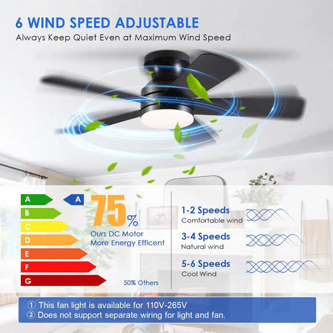 41 Inch Black Flush Mount Ceiling Fan With Lights Remote Control Dope Quiet DC Motor 6 Speed Reversible 3CCT LED