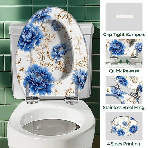 Elongated Toilet Seat Cover Quiet Close featuring floral design, grip-tight bumpers, and stainless steel hinges.