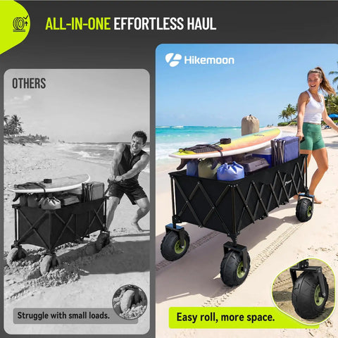 Massive 400L Collapsible Beach Wagon With 10 Inch Balloon Wheels For Sand, 54 Inch Long Extra Large Cart on beach