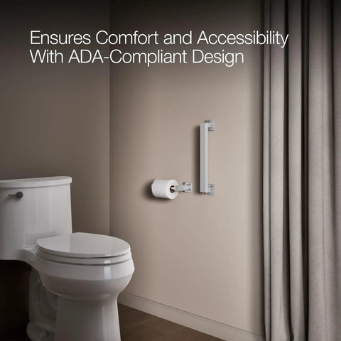 Square 12 Inch Grab Bar For Bathroom Safety And Accessibility, Durable Polished Chrome Bath Support Handle beside toilet.