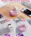 Total Game Winning Pink Extension Cord With Usb C Power Strip Five Foot Smart Charging Hub on desk, showcasing dual USB ports.