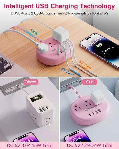 Total Game Winning Pink Extension Cord With Usb C Power Strip Five Foot Smart Charging Hub on desk, showcasing dual USB ports.