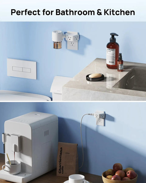 Angled Three Way Wall Outlet Extender Super Handy Power Adapter That Transforms One Socket Into Three Charging Ports Perfect For Laptops Phones Cameras And Shavers Working Like A Champ Anywhere At Home in kitchen and bathroom settings.