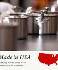Stainless steel pots with handles on a countertop, "Made in USA" text and USA map silhouette in red