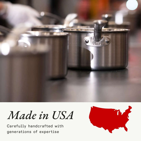 Stainless steel pots with handles on a countertop, "Made in USA" text and USA map silhouette in red