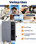 Heavy Hitter 18Kw Electric Tankless Water Heater displayed for various uses like kitchen, apartment, and salon with digital display.