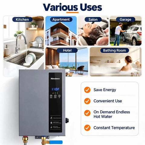 Heavy Hitter 18Kw Electric Tankless Water Heater displayed for various uses like kitchen, apartment, and salon with digital display.