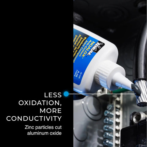 Noalox Anti Oxidant Compound For Aluminum Conduit Joints Reduces Galling And Seizing With Zinc Particles That Cut Aluminum Oxide Carrier Material Excludes Air To Prevent Oxidation And Extend Service Life Of Aluminum Applications 4 Oz Bottle shown in use on conduit joint