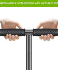 Hands holding rubber handle of Pre Assembled Manual Lawn Aerator With Three Stainless Steel Core Plugs And Soil Core Storage Tray.