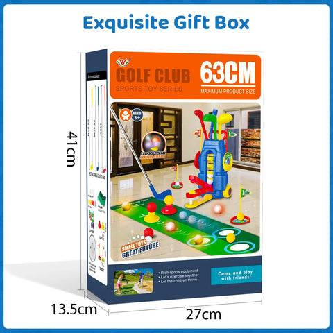 Kid Friendly Golf Set For Indoor And Outdoor Play Featuring 3 Adjustable Clubs, 8 Balls, mobile golf cart, putting mat
