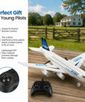 Ready To Fly 2.4GHz RC Airplane Toy With Gyro A380 Style Foam Jet displayed on outdoor table with remote control
