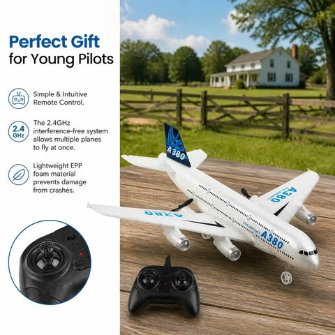 Ready To Fly 2.4GHz RC Airplane Toy With Gyro A380 Style Foam Jet displayed on outdoor table with remote control