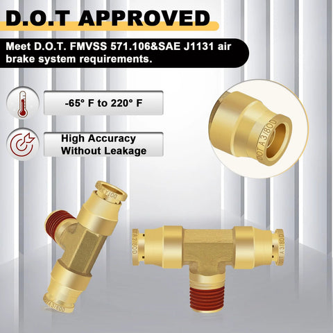 Brass 3/8 in OD to 1/4 in NPT tee push-to-connect air brake fittings, 3 pcs (close-up)