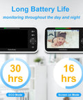 Seriously Solid No Wifi Baby Monitor Camera And Audio With Super Crisp Five Inch Screen showing long battery life features.