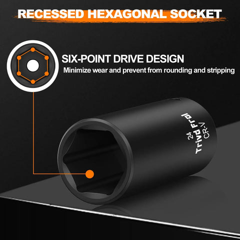 Impact Socket Set 1/2 Inch Drive, 65-Piece Kit With Deep And Shallow Metric And SAE Sockets, recessed hexagonal socket