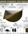 Super Comfy Double Hammock With Mosquito Net For Outdoors Portable Lightweight Nylon Parachute Hammock With 10ft Tree Straps Great For Camping Hiking Backpacking Beach And Patio Green Khaki with accessories