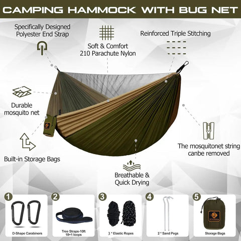 Super Comfy Double Hammock With Mosquito Net For Outdoors Portable Lightweight Nylon Parachute Hammock With 10ft Tree Straps Great For Camping Hiking Backpacking Beach And Patio Green Khaki with accessories