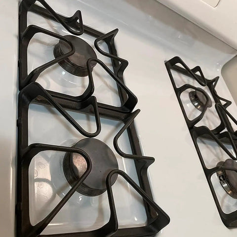 Heavy Duty Cast Iron Burner Grate Replacement Set For Gas Range Four Piece Stove Surface Top Grates installed on cooktop