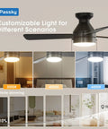 Modern 42 Inch Low Profile Ceiling Fan In Sleek Black With Whisper Quiet Motor Providing Super Smooth Cooling Airflow And Bright Led Lighting With Remote And Pull Chain Options showing light settings 3000K, 4000K, and 6000K.
