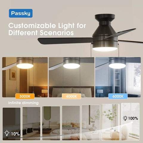 Modern 42 Inch Low Profile Ceiling Fan In Sleek Black With Whisper Quiet Motor Providing Super Smooth Cooling Airflow And Bright Led Lighting With Remote And Pull Chain Options showing light settings 3000K, 4000K, and 6000K.
