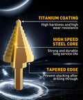 Front view of COMOWARE titanium-coated step drill bit with stepped teeth and tapered edge