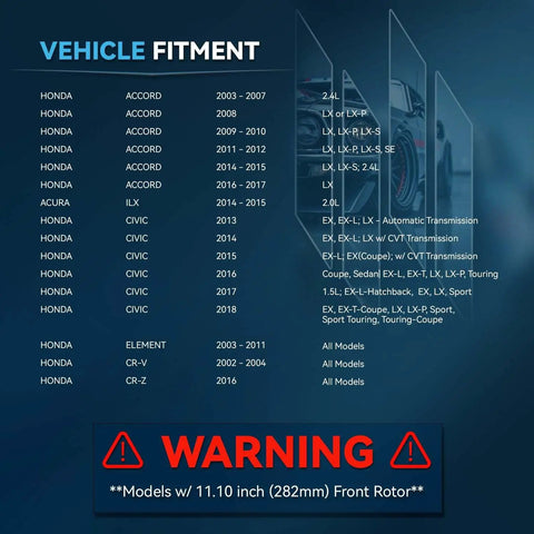 Vehicle fitment chart for Front Brake Kit For Honda Accord Civic Element CR V ILX With Drilled Slotted Rotors And Ceramic Brake Pads Replacement