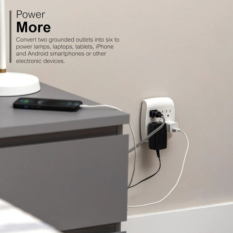 Six Outlet Wall Tap Extender Grounded Adapter Turns Two Outlets Into Six, Creating a Handy Charging Station, plugged in wall