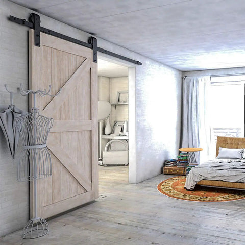 Interior with Six Point Six Foot Sliding Barn Door Hardware Kit With Five Track System For Doors From Thirty Five To Forty Inches Wide Built Tough With Nylon Bearings And J Shape Hangers For Smooth Quiet Operation