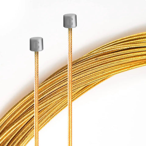 Close-up of Universal 3000mm Ultra Slick Shift Cable with Nano Level Grinding for Shimano SRAM 1x Drivetrain, gold color