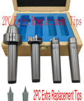 Heavy Duty MT2 Morse Taper Live Center And Drive Set For Wood Lathes with four precision tips and two extra inserts in wooden case.