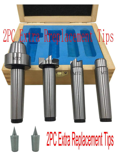 Heavy Duty MT2 Morse Taper Live Center And Drive Set For Wood Lathes with four precision tips and two extra inserts in wooden case.