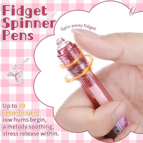 12 Pack Fidget Spinner Pens For Adults With Black Gel Ink, close-up of pink pen spinning for stress relief and doodling.