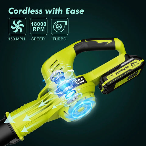 Cordless 21V Leaf Blower With Dual 2.0Ah Batteries And Charger, 2 Speed Settings, showing speed and turbo features.