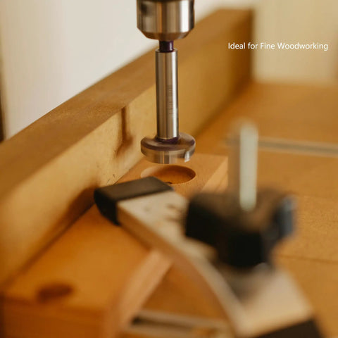 Pro Level Forstner Drill Bit Set 15Mm To 35Mm Round Shank Slick Cutting hole cutting in wood with drill bit on workbench.