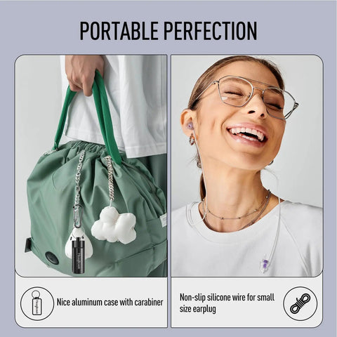 Ultra Soft Sleep Ear Plugs 2 Pairs With 32 dB And 30 dB Noise Reduction Silicone Mold on bag with case and woman wearing them