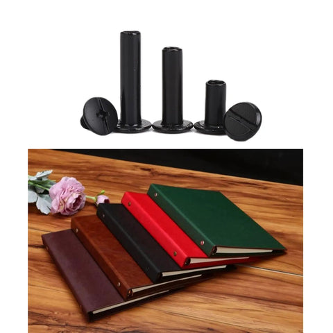 Badass Chicago Screws Binding Post Assortment Kit 120 Piece with black binding posts and various leather-bound books.