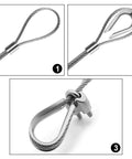 20 Pack 3/8 Inch Wire Rope Thimbles M10 304 Stainless Steel Rigging Sleeves Top Shelf Heavy Duty Cable Eyes For Marine Boats And Garage Projects Ready in use, showing wire rope loop and thimble attachment.