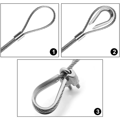 20 Pack 3/8 Inch Wire Rope Thimbles M10 304 Stainless Steel Rigging Sleeves Top Shelf Heavy Duty Cable Eyes For Marine Boats And Garage Projects Ready in use, showing wire rope loop and thimble attachment.