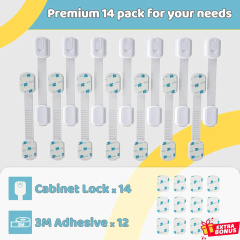 14 Pack Baby Proof Cabinet Latches With Extra 3M Adhesives for Quick No Drill Installation on Cabinets and Drawers displayed