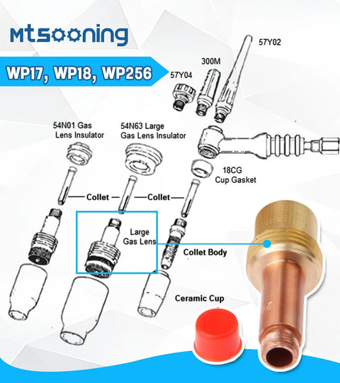 Diagram of 5 Pack Copper Gas Lens Collet Body Set For TIG Welding Torch 17 18 26 Series Pro Grade 45V26 2.4mm 3 32 Inch