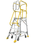 Top Shelf Heavy Duty Aluminum Rolling Platform Ladder With Smooth Glide Casters And Reinforced Safety Rails 375 Lb Capacity showing safety rails and wheels.
