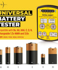All-In-One Universal Battery Tester With LED Display Tests 15 Battery Types In Seconds For AA AAA C D 9V NiMH CR123 18650 Carry Case Included USA Made, yellow front view