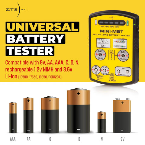 All-In-One Universal Battery Tester With LED Display Tests 15 Battery Types In Seconds For AA AAA C D 9V NiMH CR123 18650 Carry Case Included USA Made, yellow front view