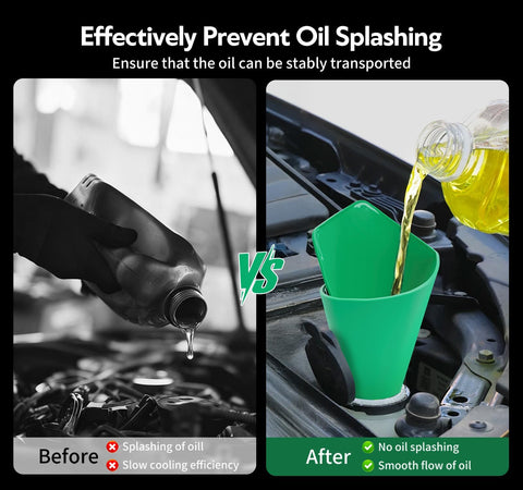 Before and after using Foldable Silicone Oil Drain Funnel With Aluminum Plate for mess free oil changes on cars.