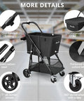 Heavy Duty Grocery Cart On Wheels With Seven Inch Dual Bearing Rubber Wheels And 360 Degree Swivel Brakes showing features