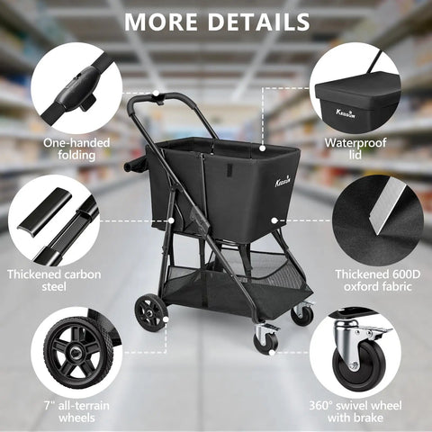 Heavy Duty Grocery Cart On Wheels With Seven Inch Dual Bearing Rubber Wheels And 360 Degree Swivel Brakes showing features