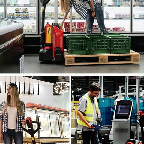 No Sweat Electric Pallet Jack Truck Featuring A Darn Tough 3300 Lb Capacity in use, moving crates in a grocery store setting.
